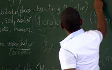 A teacher draws on the chalkboard while teaching his class. Picture: EWN