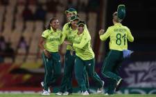 Proteas fast bowler Shabnim Ismail (left) celebrates the fall of a wicket. Picture: @ICC/Twitter