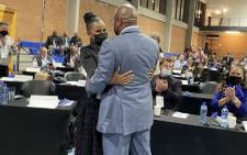 The ANC's Mpho Moerane (right) congratulates Mpho Phalatse (left) following her election as mayor of Joburg during the City of Joburg's council sitting at the Brixton Multipurpose Centre on 22 November 2021. Picture: @mphomoerane/Twitter