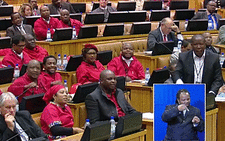 A screengrab of President Zuma coming under fire in parliament on Thursday from the EFF/EFFleader Julius Malema about when he’ll pay back the money on upgrades at his Nkandla homestead. Picture: YouTube.