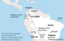 Map showing the flightpath of the Lamia airlines plane that crashed in Colombia late Monday with 81 people on board. Source: AFP.