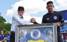 SuperSport United goalkeeper Ronwen Williams (right) with Stan Matthews as they celebrate the stopper's new contract and 300th cap for the club. Picture: @SuperSportFC/Twitter