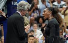 Serena Williams argues with referee Brian Earley during her Women’s Singles finals match against Naomi Osaka of Japan at the 2018 US Open. Picture: AFP.