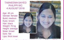 Missing Cape Town mother Tasneema Sayed. Picture: Pink Ladies.