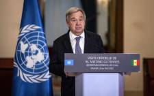 United Nations (UN) Secretary-General Antonio Guterres speaks during a press conference with Senegal's president during his West Africa tour, in Dakar, on 1 May 2022. Picture: JOHN WESSELS/AFP