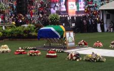 Senzo Meyiwa's casket lies in front of the stage at the Moses Mabhida Stadium on 1 November 2014. Picture: Vumani Mkhize/EWN.