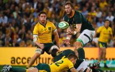 South Africa’s RG Snyman (R) catches a high ball during the Rugby Championship Test match between Australia and South Africa at Suncorp Stadium in Brisbane on 8 September 2018. Picture: AFP.