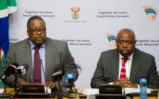 Police Minister Nathi Nhleko accompanied by Public Works Minister Thulas Nxesi giving an update on the Nkandla Project during the media briefing at Imbizo Media Centre in Cape Town on 28 May 2015. Picture: GCIS.