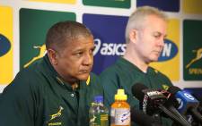 FILE: Springbok coach Allister Coetzee (left) addresses the media at a press briefing. Picture: Bertram Malgas/EWN