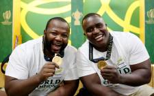 Springbok forwards Ox Nche and Trevor Nyakane after the Springboks edged the All Blacks to win the 2023 Rugby World Cup in France on 28 October 2023. Picture: X/@Springboks