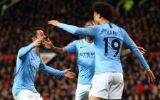Leroy Sane celebrates his goal with his Manchester City teammates. Picture: @LeroySane19/Twitter
