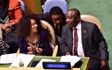 President Cyril Ramaphosa (right) and Minister of International Relations and Cooperation Lindiwe Sisulu (left) at the United Nations headquarters in New York. Picture: @PresidencyZA/Twitter