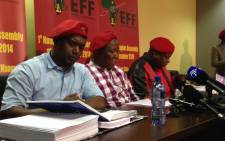 The Economic Freedom Fighters leadership at the party’s press conference on the Marikana report on 2 July 2015. Picture: Vumani Mkhize/EWN.