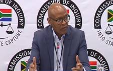 A video screengrab of Mzwanele Manyi appearing at the Zondo Commission of Inquiry into state capture on 26 November 2018.
