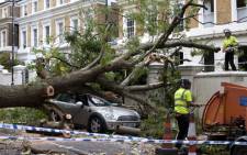 Contractors work on clearing the debris after a tree fell on car during a storm in London on 28 October, 2013. Picture:AFP