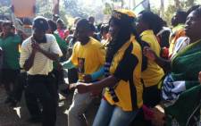 ANC members in support of President Jacob Zuma sing and dance in Zoo Lake, before marching to the Goodman Gallery in Rosebank, Johannesburg on 29 May, 2012. They are angry that the gallery exhibited a painting with the presidents genitals exposed. Picture: Gia Nicolaides/EWN