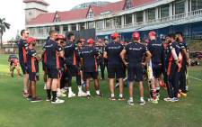 Royal Challengers Bangalore huddle up for a team talk. Picture: @RCBTweets/Twitter