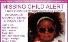 Asaza Sauls, who was last seen on 27 August 2017 in the Kraaifontein area, has now been found. Picture: Facebook.com