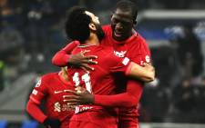 Liverpool's  Mohamed Salah and Ibrahima Konate celebrate a goal against Inter Milan in their Uefa Champions League match on 16 February 2022. Picture: @LFC/Twitter