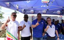 DA leader John Steenhuisen at the Swanvale Primary School in Phoenix together with Chris Pappas, the DA’s premier candidate for KZN and DA KZN leadership at the start of voter registration weekend on 18 November 2023. Picture: X/@jsteenhuisen