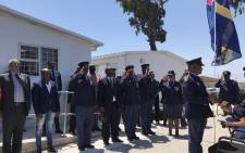 National Police Commissioner Khehla Sitole and Minister of Police Bheki Cele (C) attend the official opening of a police station in Samora Machel, Nyanga, Cape Town. Picture: Kaylynn Palm/EWN. 