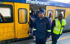Transport Minister Fikile Mbalula and Western Cape MEC for Transport and Public Works Bonginkosi Madikizela, among others, travelled on the Central Line on 5 March 2020. Picture: Kaylynn Palm/EWN.