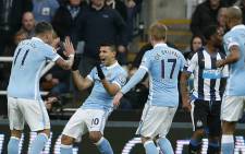 Manchester City's Sergio Aguero celebrates with team mates after scoring against Newcastle United in the English Premier League on 19 April 2016. Picture: Manchester City official Facebook page.
