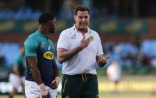 South Africa fullback Warrick Gelant listens to South Africa coach Rassie Erasmus during the warm-up ahead of the Rugby Union World Cup warm-up match South Africa against Argentina at the Loftus Versfeld Stadium in Pretoria, on 17 August 2019. Picture: AFP