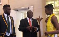 Cyril Ramaphosa meets Miss Universe 2019 Zozibini Tunzi and Springbok captain Siya Kolisi at the State of the Nation Address at Parliament in Cape Town on 13 February 2020. Picture: @CyrilRamaphosa/Twitter