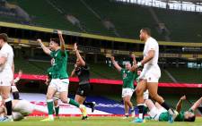 Irish players celebrate a try in their Six Nations match against England on 21 March 2021. Picture: @IrishRugby/Twitter