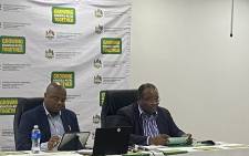 MEC Sipho Hlomuka (L) addressing the media expanding on the pronouncements made during Tuesday’s budget vote where the department tabled an amount of R 1.8 billion for the 2022/23 financial year. Picture: Nhlanhla Mabaso/Eyewitness News