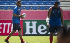 Samoa's lock Christopher Vui (L) takes part in the captain's run at Kumagaya Rugby Stadium in Kumagaya on 23 September 2019, ahead of their Rugby World Cup Pool A match against Russia. Picture: AFP