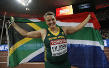 South Africa's Sunette Viljoen celebrates winning the bronze medal in the final of the women's javelin throw athletics event at the 2015 IAAF World Championships at the "Bird's Nest" National Stadium in Beijing on August 30, 2015. Picture: AFP