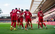Liverpool players celebrate a goal in their English Premier League match against Everton at Anfield in Liverpool on 24 April 2022. Picture: @LFC/Twitter