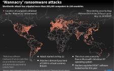 Map showing the extent of the Wannacry ransomware attack that has crippled more than 300,000 computers worldwide. Picture: AFP