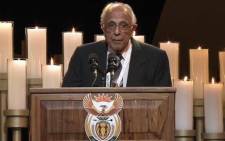 Anti-apartheid activist, Ahmed Kathrada, talking during the funeral service of Nelson Mandela in Qunu on 15 December, 2013. Picture: AFP
