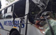One of the two buses that collided on the Jan Smut Avenue in Parkview on 24 April 2015. Picture: Reinart Toerien/EWN.