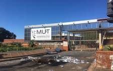 Students blocked the entrance to the Mangosuthu University of Technology during a protest led by the EFF Student Command over registration and funding on Thursday, 8 April 2021. Picture: Nkosikhona Duma/Eyewitness News.
