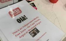 The controversial Vida e caffè poster which went viral on social media. The poster read: ‘Olà! This is an Independent Media Free Zone - No Cape Times, Argus or Weekend Argus’. Picture: Supplied.
