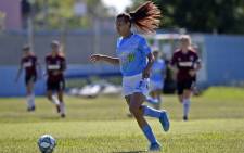 Argentine transgender footballer Mara Gomez of Villa San Carlos controls the ball during an Argentina first division female football match against Lanus at Genacio Salice stadium in Berisso, Buenos Aires, Argentina on December 7, 2020. Gomez is the first transgender footballer to play in the first division of the Argentine female league. Picture: AFP