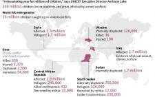 Graphic showing places where millions of children have been affected by violent conflict in 2014. 