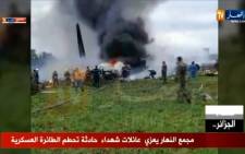 A screengrab from a video broadcast by Algeria's Ennahar satellite television channel on 11 April 2018 shows the scene of the crash of a transport plane, carrying  Algerian army personnel on board. The plane crashed shortly after taking off from an airbase outside the capital Algiers. Picture: AFP