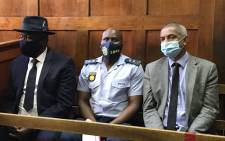 From left: Police Minister Bheki Cele, Western Cape Acting Police Commissioner Thembisile Patekile and SAPS Major-General Jeremy Vearey in the Cape Town Magistrates Court on 3 May 2021 for the first appearance of alleged underworld kingpin Nafiz Modack and his two co-accused. Picture: Kevin Brandt/Eyewitness News