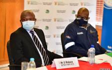 Deputy President David Mabuza (L) and Gauteng Premier David Makhura (R) visited the  Sebokeng Waste Water Treatment Facility on 23 March 2021. Picture: @DDMabuza/Twitter.