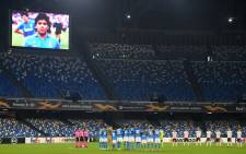 Players pay tribute to Diego Maradona at the Stadio San Paolo in Naples. Picture: @EuropaLeague/Twitter