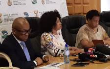 Minister of Water and Sanitation Lindiwe Sisulu (centre) briefs the media on Gauteng's water crisis on 28 October 2019 in Johannesburg. Picture: @DWS_RSA/Twitter
