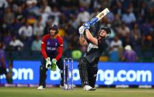 New Zealand's Jimmy Neesham plays a big shot during the T20 World Cup semifinal against England in Abu Dhabi on 10 November 2021. Picture: @T20WorldCup/Twitter