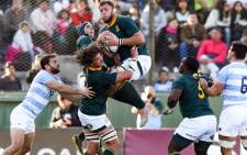 South Africa's Duane Vermeulen fields a high ball during the Rugby Chmapionship match against Argentina in Salta on 10 August 2019. Picture: @Springboks/Twitter