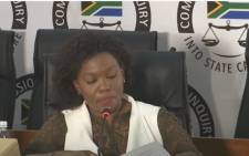 A screengrab of former Denel procurement executive Celia Malahlela appearing at the state capture inquiry in Johannesburg on 27 October 2020. Picture: SABC/YouTube





