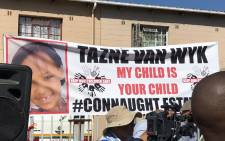 FILE: A banner outside a house in Connaught Estate where President Cyril Ramaphosa visited the family of murdered Tazne van Wyk on 26 February 2020. Picture: Kevin Brandt/EWN